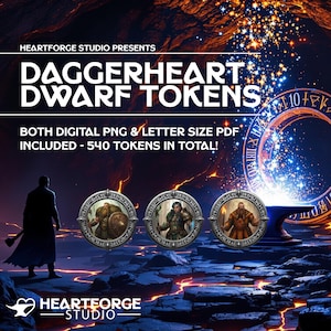 May include: Digital Daggerheart Dwarf Tokens graphic with three character portraits in circular frames. The image includes the text "DAGGERHEART DWARF TOKENS" and "BOTH DIGITAL PNG & LETTER SIZE PDF INCLUDED - 540 TOKENS IN TOTAL!"
