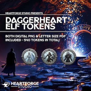 Könnte beinhalten: Digitale Fantasy-Token für Daggerheart, mit drei kreisförmigen Charakterporträts. Das Bild enthält den Text "DAGGERHEART ELF TOKENS" und "540 TOKENS IN TOTAL!" in einem Fantasy-Design, zusammen mit einer Silhouette und einem Studio-Logo.