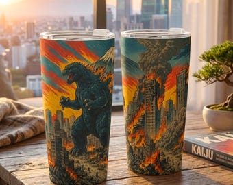 Vintage Godzilla Comic Monster Becher, Kaiju City Art Travel Cup, Edelstahl Becher Geschenk für Monster Fans, Japan Kaiju Monster Cup