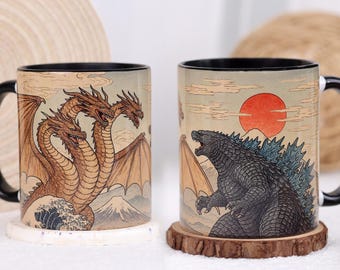 Tazza vintage Godzilla contro King Ghidora, tazza retrò Kaiju - Stampa di film sui mostri giapponesi, decorazione del film Godzilla, tazza di film di fantascienza