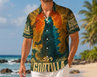 King of Monster Godzilla Japanisch Gojira Hawaiian Aloha Hemden, Sommergeschenk für ihn, Vintage Hawaii Strandhemd, Aloha Hemd