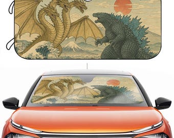 Vintage Godzilla gegen König Gsidora Windschutzscheiben-Sonnenschutz, japanisches Monster Auto Cooler Sonnenschutz für Windschutzscheibe, Mount Fuji Godzilla Autozubehör