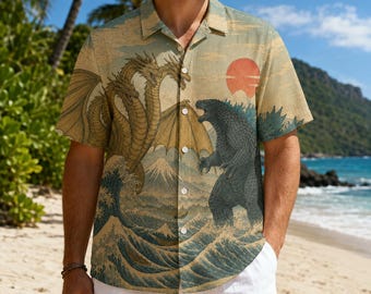 Vintage Godzilla gegen King Gsidorah Hawaii-Hemden, Sommergeschenk für ihn, Retro Kaiju-Hemd, japanischer Monsterfilm Aloha-Hemd