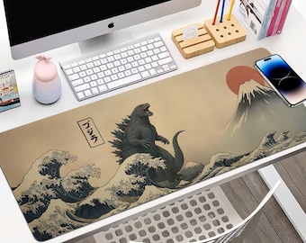 Vintage Japanese Godzilla Desk Mat, Retro Kaiju Mouse Pad, Sci-fi Extra Large Desk Pad, Japanese Monster Gojira and the Great Wave Desk Pad