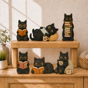 May include: A collection of six black cat figurines arranged on two wooden shelves. The cats are depicted in various poses, including sitting while reading books, lying down with tablets or books, and standing while holding a stack of books.