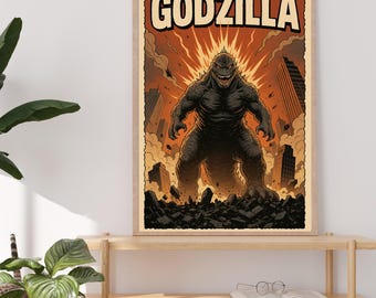 Plakat filmowy z filmu Godzilla w stylu vintage, japońska sztuka Kaiju, wydruk filmu science fiction