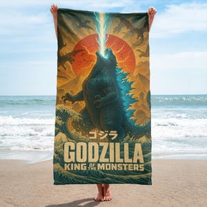 Godzilla Beach Towel, Japanese Kaiju Bath Towel, King of Monsters Pool Towel, Retro Monster Art Gift, Summer Travel Towel