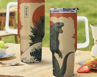 Godzilla 40oz 30oz 20oz Becher mit Griff Stroh, Kaiju Becher Vintage japanische Riesenmonster Great Wave Becher, individuelles Geschenk Becher