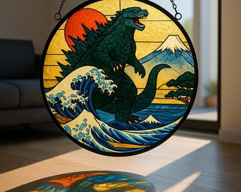 Godzzilla Buntglas Fensterbehang, Kaiju Kunst Dekor, Popkultur Geschenk, Stadtbild Glasscheibe, Einzigartiges Geschenk für Ihn, Kunstglas Sonnenfänger
