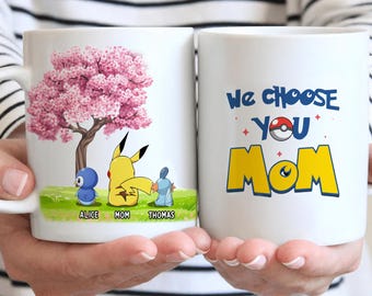 Benutzerdefinierte Poke Best Mom Ever Tasse, personalisierte Charakter Poke-Mom Kaffeetasse zum Muttertag, Geschenk von Kinder Mutter Geschenke mit Kindernamen