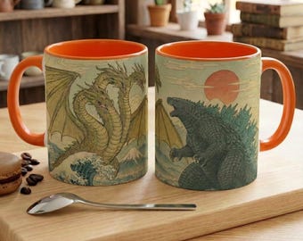 Tazza vintage Godzilla contro King Ghidora, tazza retrò Kaiju - Stampa di film sui mostri giapponesi - Decorazione del film Godzilla, tazza di film di fantascienza