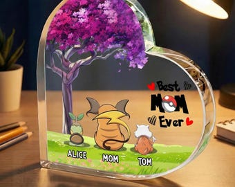 Personalized Poke-mom Character Mom Acrylic Plaque, Custom Acrylic Heart Gift for Mom, Mother's Day Gift from Kids, Poke Family Name Sign