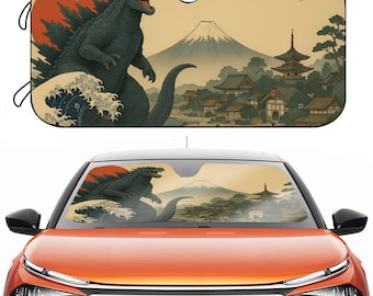 Godzilla Vintage Windshield Sunshade, Japanese monster Auto Sun Shade, Cool Sunshade for Windshield, Mount Fuji & Godzilla Car Accessory