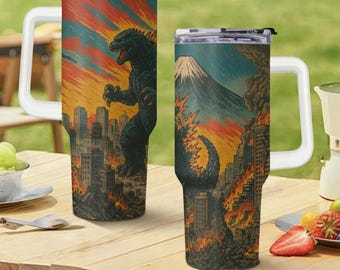 Godzilla 40 Unzen 30 Unzen 20 Unzen Becher mit Griff Stroh, Kaiju Becher Vintage japanische Riesenmonster Great Wave Becher, Comic Monster Becher