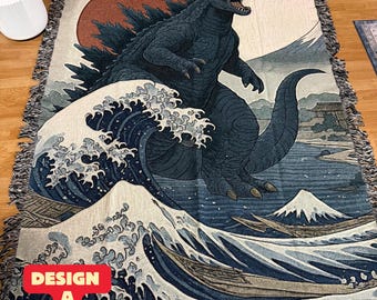 Vintage Godzilla gewebte Decke, Kaiju Gott Weihnachtsfilm Decke, Retro japanische Fuji Decke, gemütlicher Urlaub Vater Männer Sohn festliches Anime Geschenk