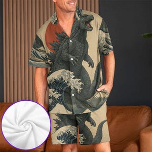 Conjunto de camisa hawaiana Godzilla con bolsillo y pantalones cortos de playa, Rey de los Monstruos, Godzilla japonés Gojira, camisa de playa hawaiana vintage, camisa Aloha