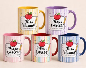 Personalisierte Lehrertasse mit Namen, individuell gestreifte Lehrerkaffeetasse, Geschenk für Lehrer, Schulanfanggeschenk, individuelle Apfeltasse
