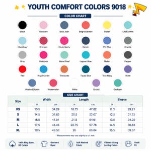 May include: A Youth Comfort Colors 9018 color and size chart. The color chart displays thirty-one circular swatches with names like Black, Blossom, and White. The size chart lists XS to XL with width, length, and sleeve measurements in inches and cm.