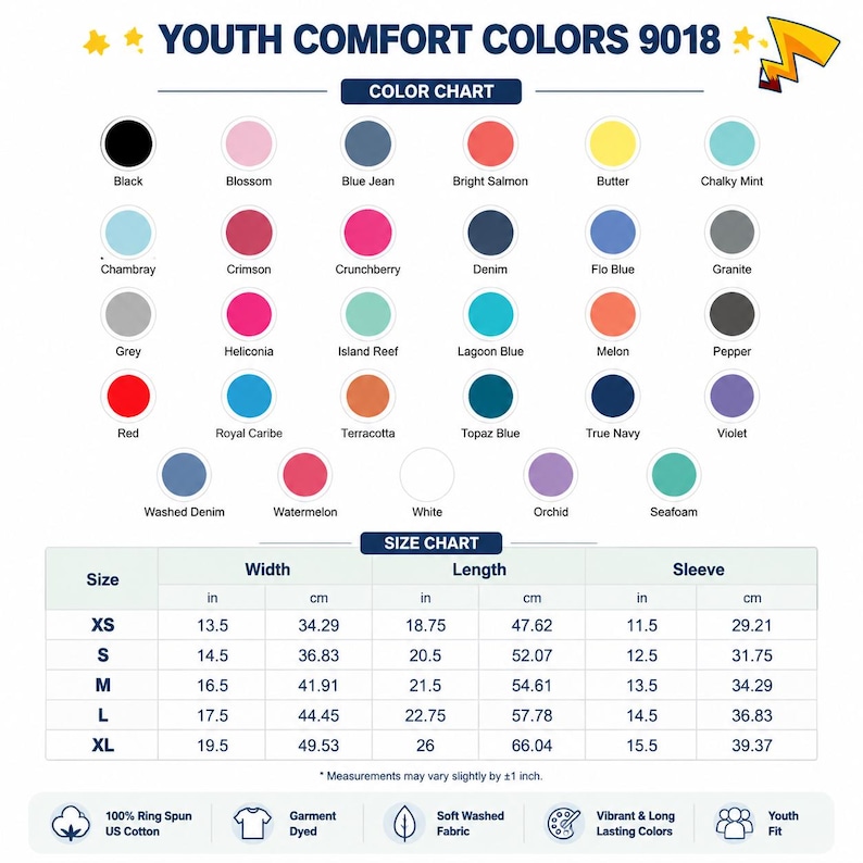 May include: A Youth Comfort Colors 9018 color and size chart. The color chart displays thirty-one circular swatches with names like Black, Blossom, and White. The size chart lists XS to XL with width, length, and sleeve measurements in inches and cm.