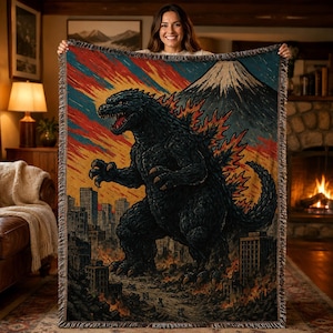 Vintage Godzilla Woven Blanket, Kaiju God Christmas Movie Blanket, Retro Japanese Fuji Blanket, Cozy Holiday Dad Men Son Festive Anime Gift