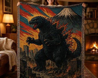 Vintage Godzilla gewebte Decke, Kaiju Gott Weihnachtsfilm Decke, Retro japanische Fuji Decke, gemütlicher Urlaub Vater Männer Sohn festliches Anime Geschenk