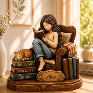 May include: A figurine of a person with long brown hair sitting in a brown armchair reading a book. A ginger cat sleeps on a stack of three books labeled Just A Girl, Who Loves, and Books. A plaque in front reads Alice with floral accents.