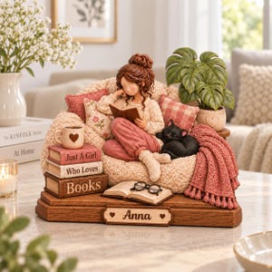 Estatua personalizada de una niña amante de los libros leyendo, decoración personalizada con nombre de ratón de biblioteca, regalo para una niña que ama los libros, regalo de Navidad para lectores.