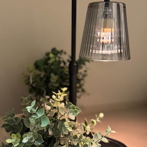 Steel Gray Glass Farmhouse Candle Warmer LAMP | Timer & Dimmer | Wood Base