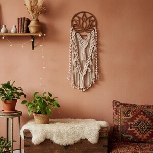 Arazzo da parete in macramè di loto, acchiappasogni boho, arte murale spirituale, decorazione per studio yoga