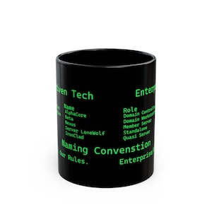 May include: A black ceramic mug with green text. The text includes "Given Tech," "Naming Convention," and a list of names and roles. The mug is cylindrical and appears to be a standard 11-ounce size.