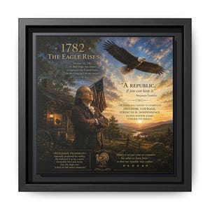 Peut inclure: Une œuvre d'art murale encadrée représentant un portrait de Benjamin Franklin, un pygargue à tête blanche en vol et un drapeau américain. Le texte inclut 1782 The Eagle Rises, A Republic if you can keep it, et des citations historiques.