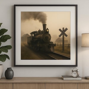 May include: Framed artwork depicting a vintage steam train on tracks, emitting a large plume of smoke. The sepia-toned image includes a railroad crossing sign and buildings in the background, set in a foggy landscape.