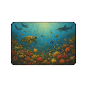 May include: A rectangular mouse mat depicting an underwater scene. A sea turtle swims amongst colourful coral and various fish. Sharks and manta rays are also visible in the blue water. The scene is illuminated by sunlight filtering down from above.