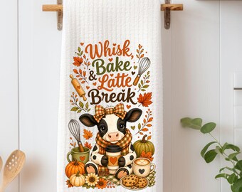 Whisk Bake Latte Break Kitchen Towel | Highland Cow Fall Tea Towel
