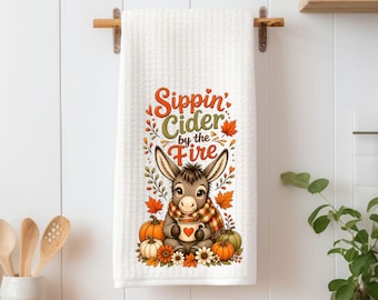 Sippin' Cider by the Fire Kitchen Towel | Fall Donkey Tea Towel
