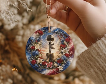 Fallen Soldier Memorial Ornament, Military Remembrance Gift, 2.75" Ceramic Ornament