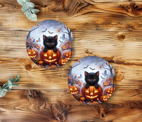 Halloween Black Cat Car Coasters, Neoprene, Halloween, Daughter Gift