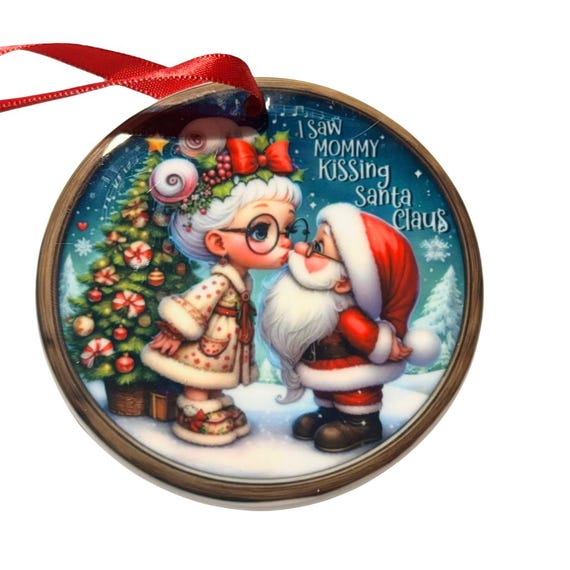 Retro holiday ornament, Ceramic Christmas Ornament: I Saw Mommy Kissing Santa Claus, Mom Gift