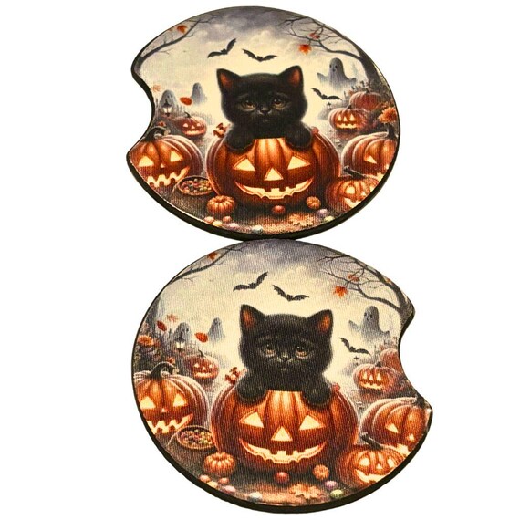 Halloween Black Cat Car Coasters, Neoprene, Halloween, Daughter Gift