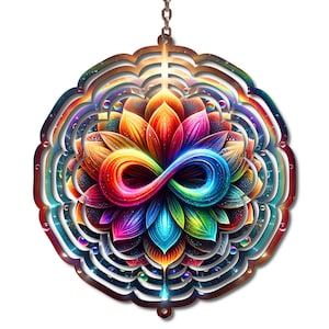 May include: A colorful, layered metal ornament featuring a vibrant floral design with an infinity symbol at the center. The ornament showcases a rainbow of colors, including red, orange, yellow, green, blue, and purple, with a chain for hanging.