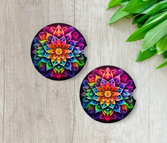Rainbow Mandala Car Coasters, Christmas, Yogi Gift, Stocking Stuffer, Yoga Teacher Gift