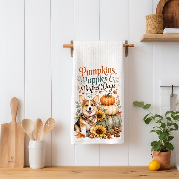 Fall Corgi Kitchen Towel | Pumpkin & Puppy Tea Towel