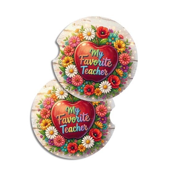 My Favorite Teacher Car Coasters Set of 2, Teacher Appreciation Gift, Floral Apple Teacher Coasters, Neoprene Car Cup Holder Coasters