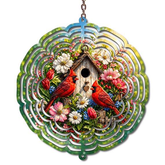 Cardinal Birdhouse Metal Wind Spinner, Red Floral Garden Decor, Memorial Gift (10 Inch)
