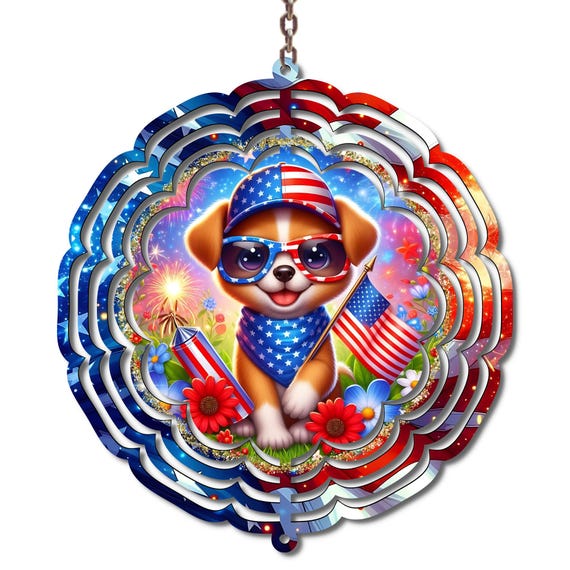 Patriotic Puppy Wind Spinner, 4th of July Dog Yard Decor, American Flag Metal Wind Spinner, Cute USA Puppy Garden Spinner, Red White Blue