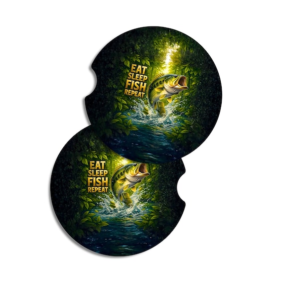 Fishing Car Coasters | Eat Sleep Fish Repeat | Father's Day Gift | Fisherman Gift | Bass Fishing Car Accessories | Gift for Dad