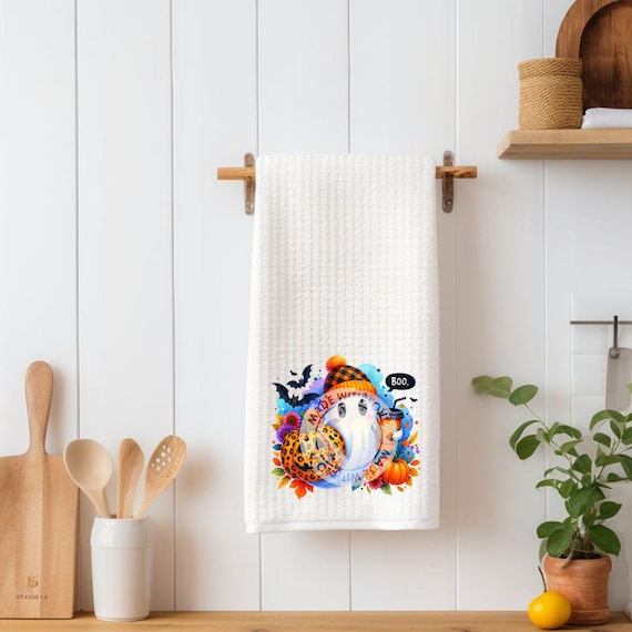 Ghost Dish Towel, Waffle Kitchen Towel, Halloween, Mom Gift