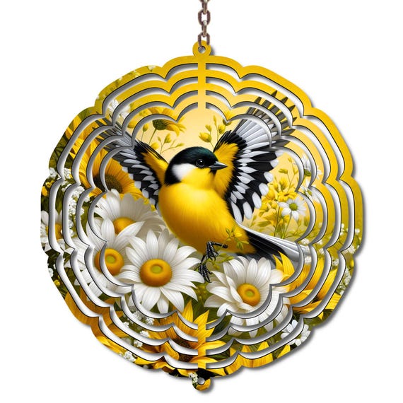 Yellow Songbird Wind Spinner with Sunflowers and Daisies | 10 Inch Metal Garden Spinner | Spring Summer Yard Decor | Bird Lover Gift