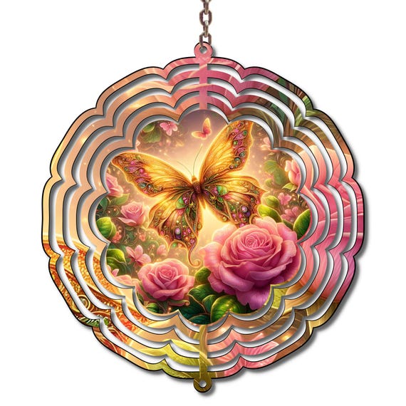 Butterfly Rose Wind Spinner Pink Floral Garden Decor Outdoor Hanging Butterfly Yard Decoration