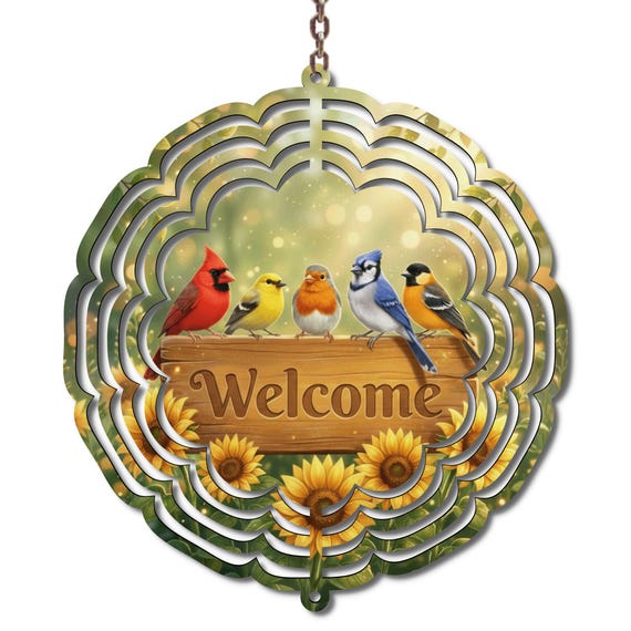 Welcome Birds Sunflower Wind Spinner: Cardinal, Blue Jay Garden Decor